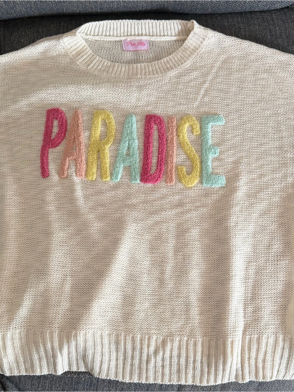 Pink Lily Cream Sweater with Multicolor Pastel 'PARADISE' Embroidery